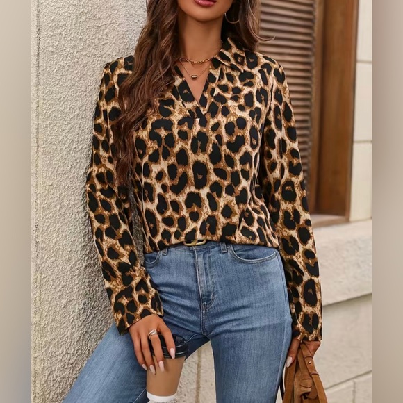 Passion of Essence Tops - Pullover Leopard Print Long-Sleeved V-Neck Blouses